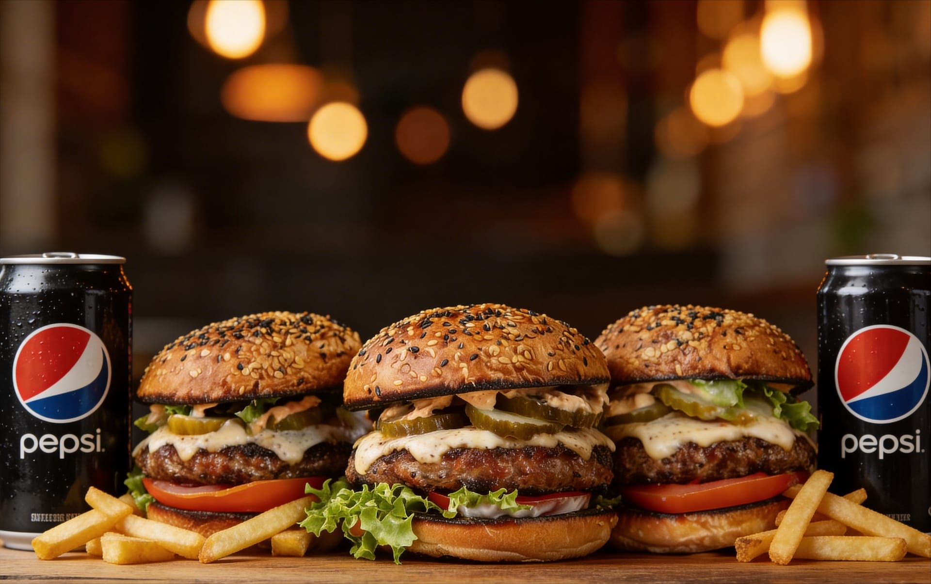 Three freshly made burgers with crispy fries